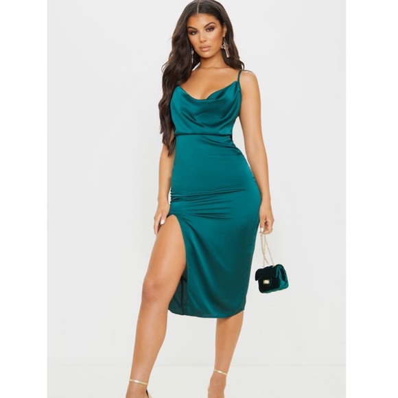 green satin cowl neck dress